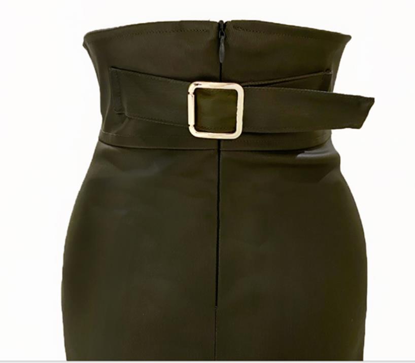 High-Waist PU Leather Skirt With Belt Decor