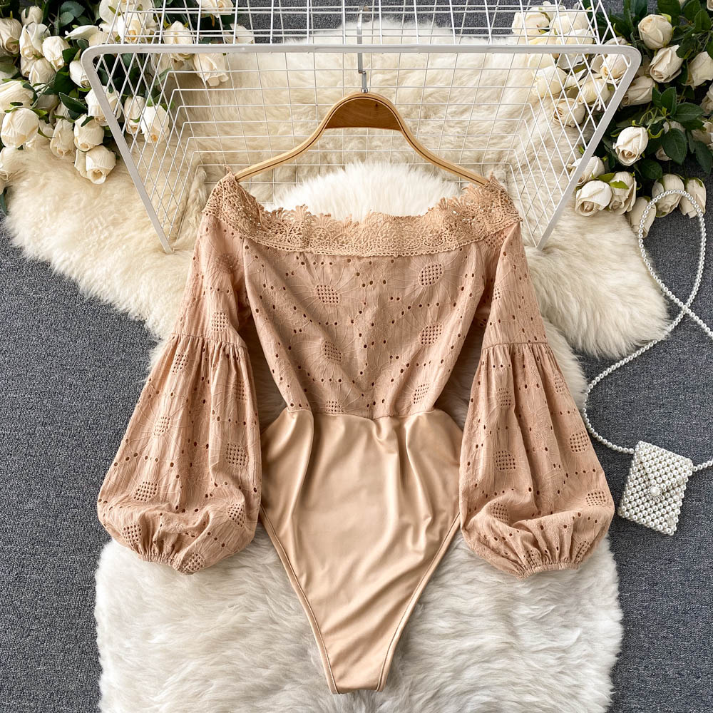 Anglaise Style Bodysuit With Puff Sleeves & Tie