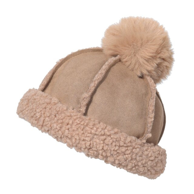 Thick Suede & Faux-Fur Hat With Pompom