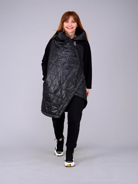 Asymmetrical Hooded Coat With Quilted Front