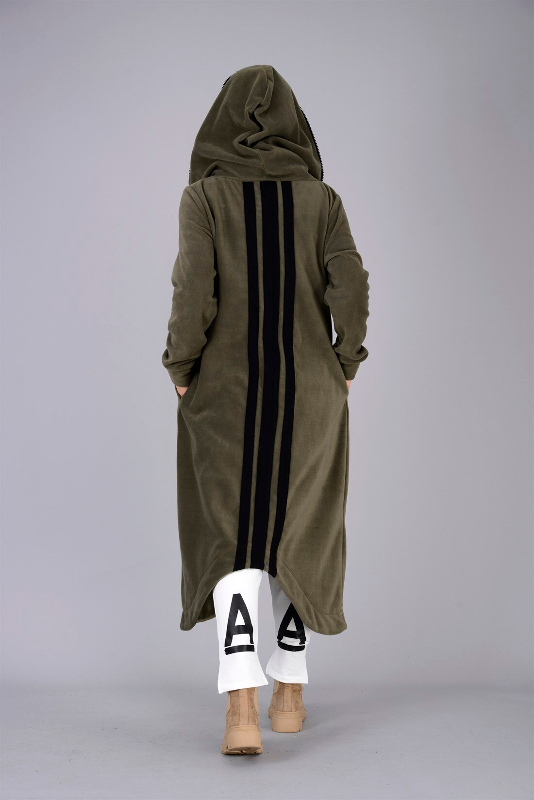Long Asymmetrical Zipped Jacket Hoodie With Stripes