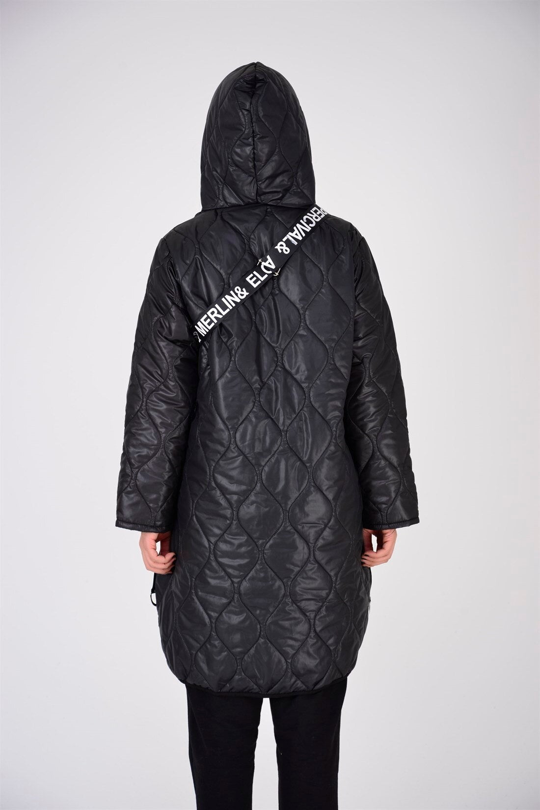 Hooded Quilted Coat With Zippers & Bag