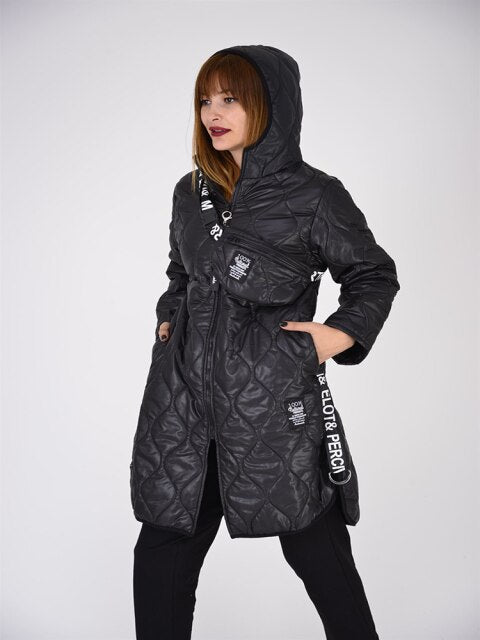 Hooded Quilted Coat With Zippers & Bag
