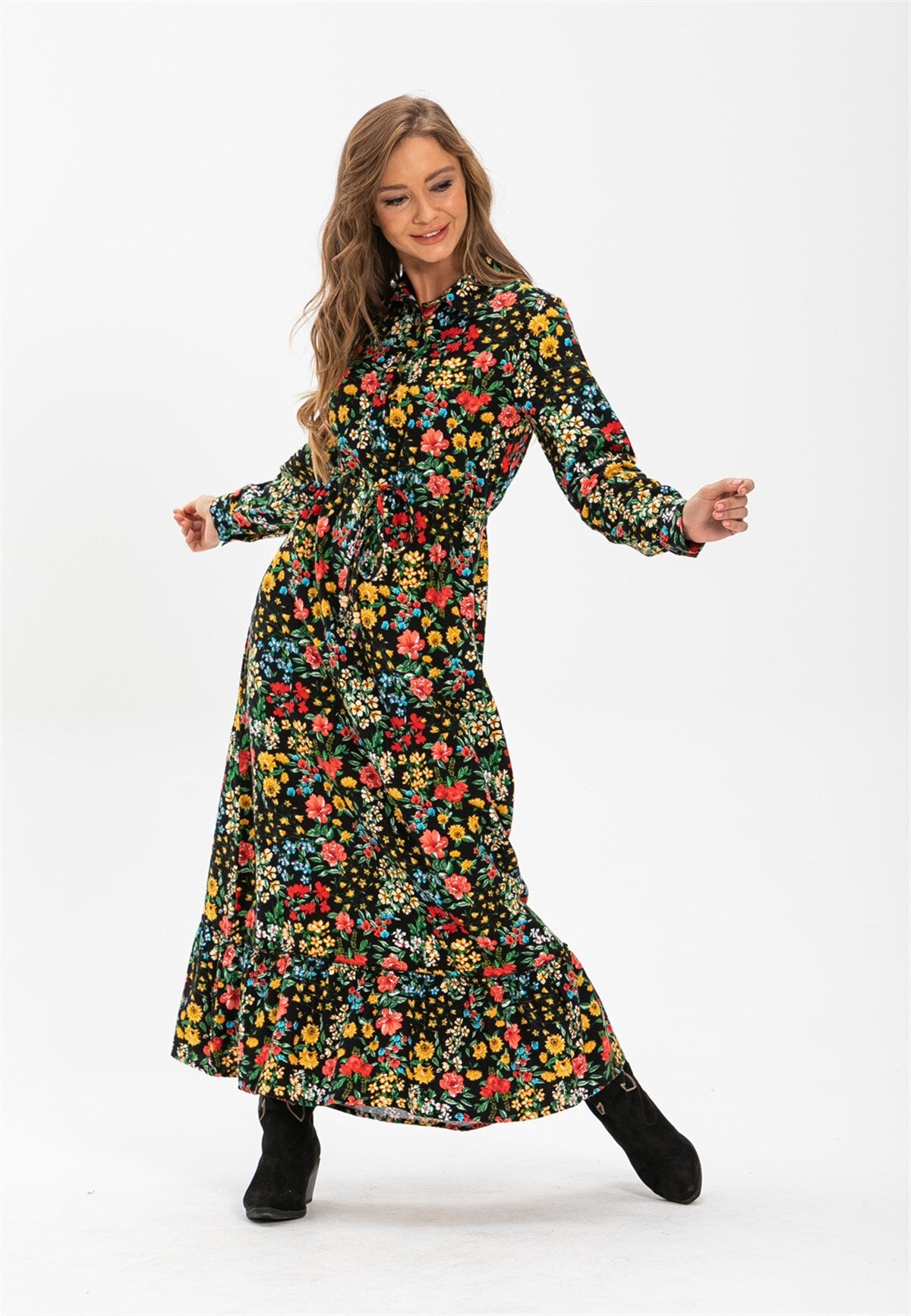 Long Floral Winter Dress With Wide Hem Ruffle
