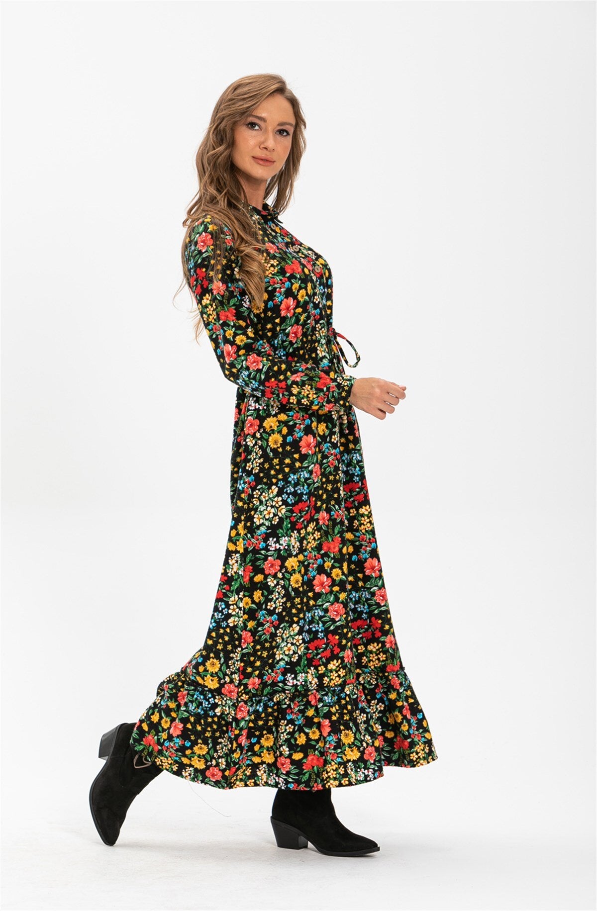 Long Floral Winter Dress With Wide Hem Ruffle