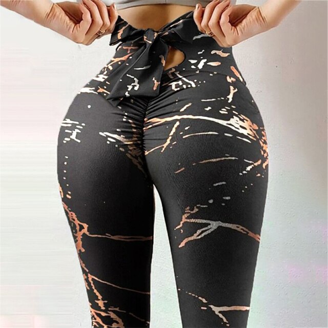 Camouflage & Marble Print Leggings With Back-Bow