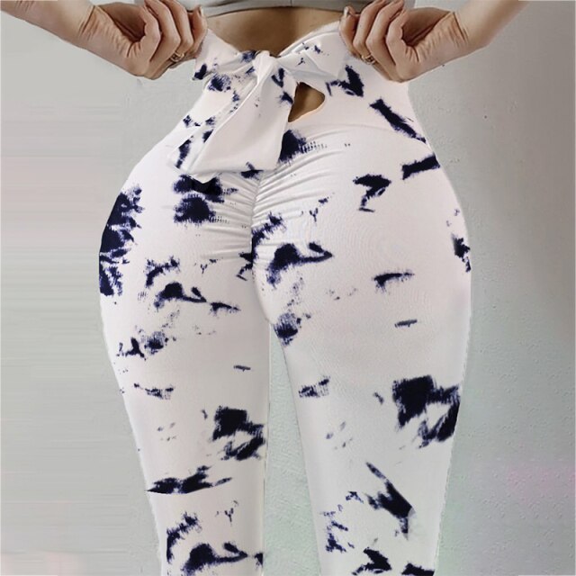 Camouflage & Marble Print Leggings With Back-Bow