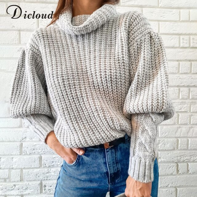 Knitted Sweater With Puff Sleeve & Cable Knit Cuffs