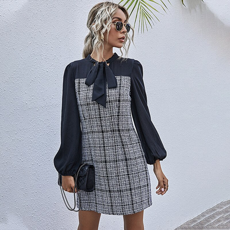 Plaid Patchwork Dress With Bow-Collar