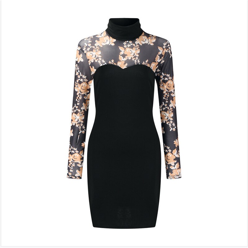 Turtleneck Bodycon Dress With Flower Mesh Top