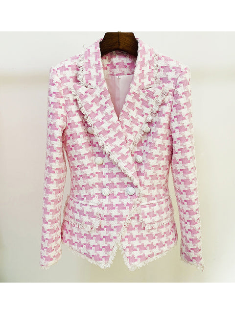 Fringed Houndstooth Blazer With Lion Head Buttons