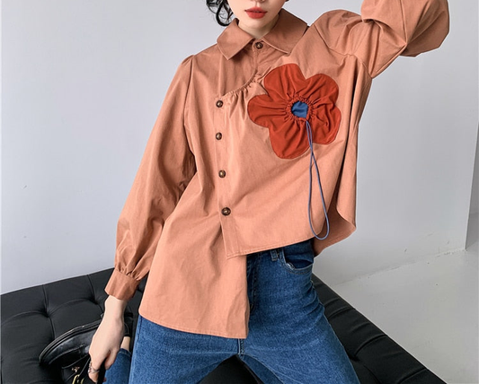 Asymmetrical Button Up Blouse With Flower