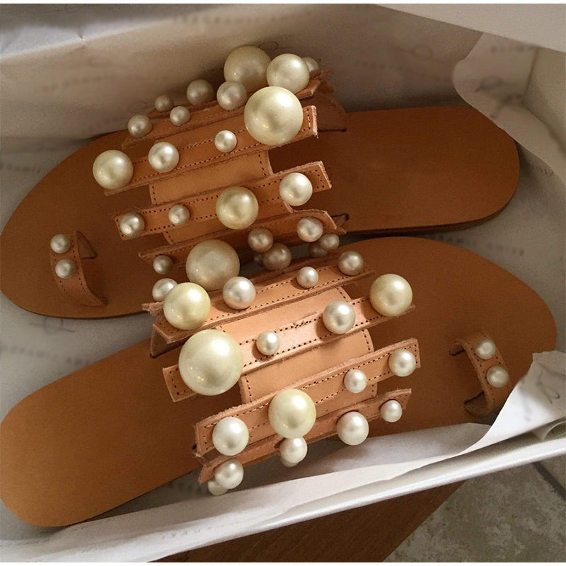 Toe-Bar Slip-Ons With Pearls