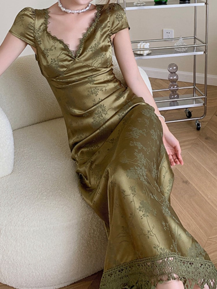 Elegant Satin Backless Midi Dress With Lace