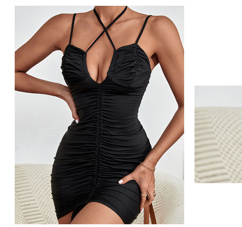 Black Ruched Dress With Spaghetti Straps & Halter