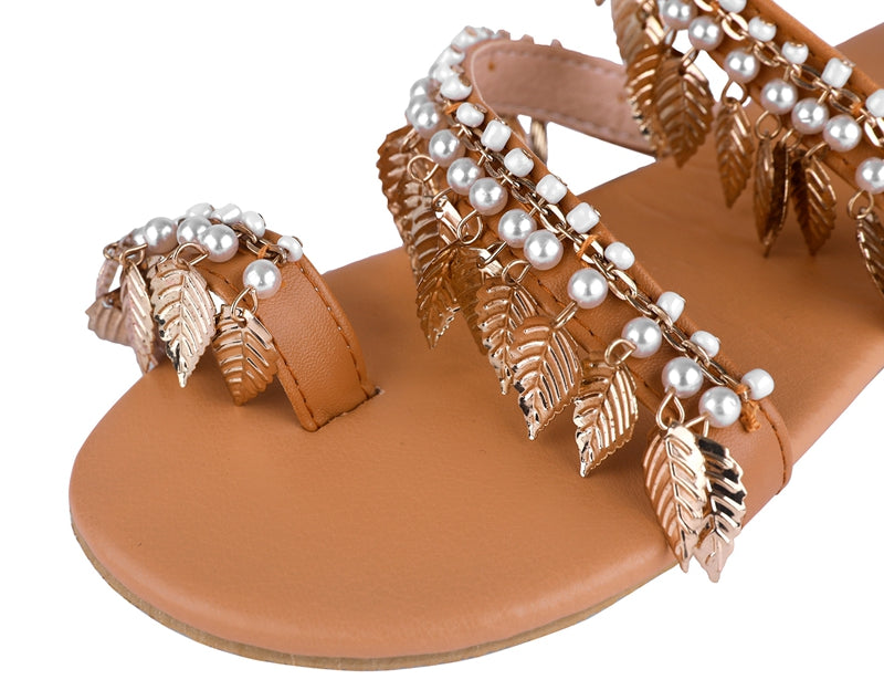 Gladiator Leaf Sandals With Pearls & Beads
