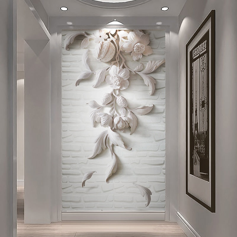 3D Embossed White Flower Mural Wallpaper