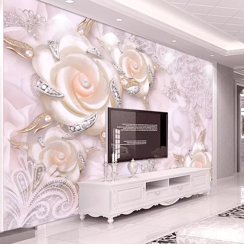 3D Pink Flower & Jewel Mural Wallpaper