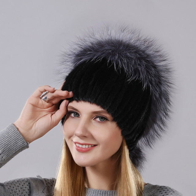 Warm Fluffy Hat With Pompom & Rhinestones