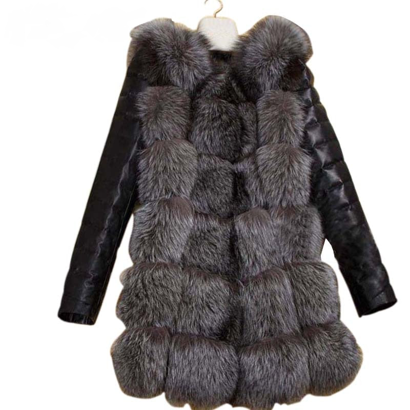 S-4XL Faux Fur Winter Coat With PU Leather Sleeve
