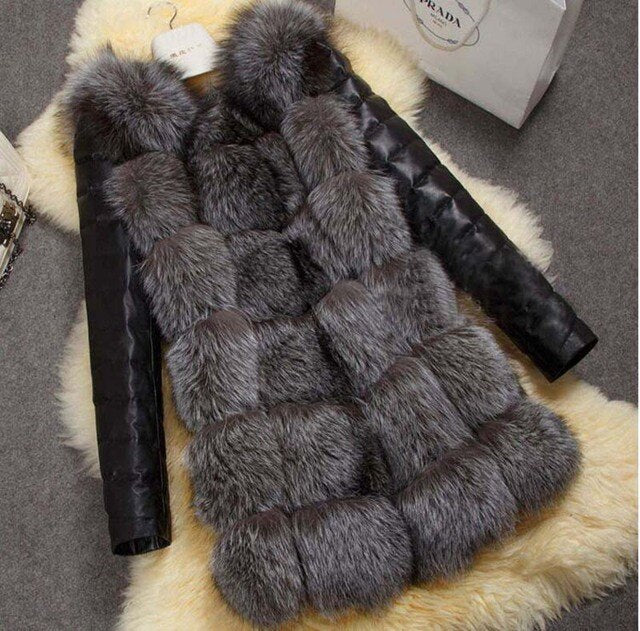 S-4XL Faux Fur Winter Coat With PU Leather Sleeve